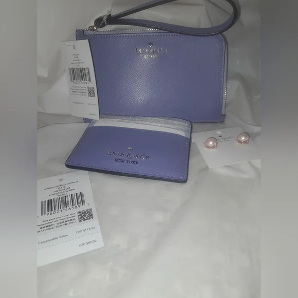 New Kate Spade Lucy Small L Zip Wristlet  & Matching Madison Card Case & Earring - Picture 3 of 11